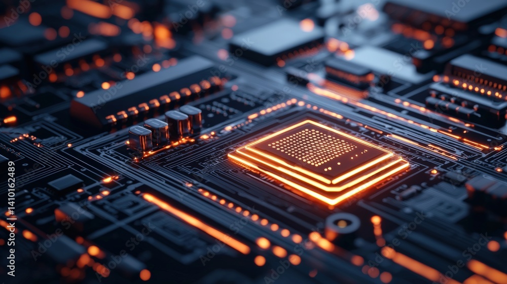 A close-up view of a circuit board featuring intricate pathways and a glowing microchip, showcasing modern technology and electronic components. A close-up view of a circuit board featuring intricate pathways and a glowing microchip, showcasing modern technology and electronic components.