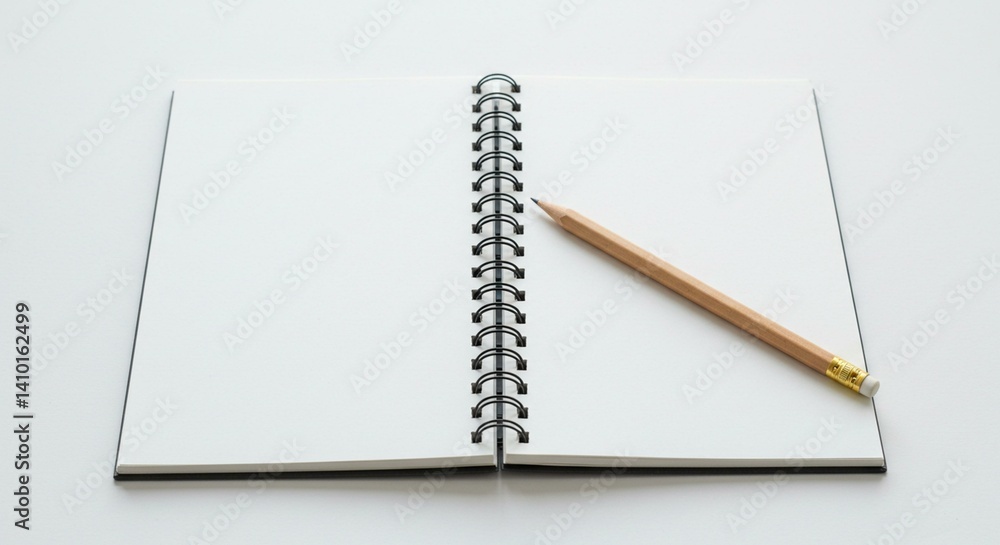 An open notebook and a pencil on a desk in a modern, bright office setting. This minimalist image evokes a sense of creativity and productivity, ideal for illustrating concepts of writing, planning. An open notebook and a pencil on a desk in a modern, bright office setting. This minimalist image evokes a sense of creativity and productivity, ideal for illustrating concepts of writing, planning.