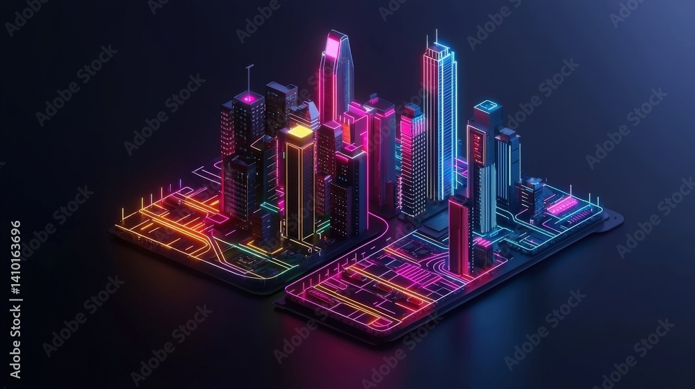 Fototapeta premium A vibrant, neon-lit cityscape design featuring futuristic buildings and illuminated streets, showcasing modern urban aesthetics.