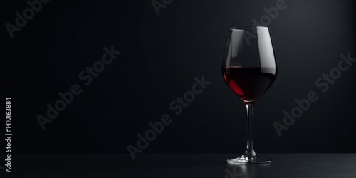 A single glass of red wine rests on a dark surface against a black backdrop, creating a sophisticated and elegant visual
