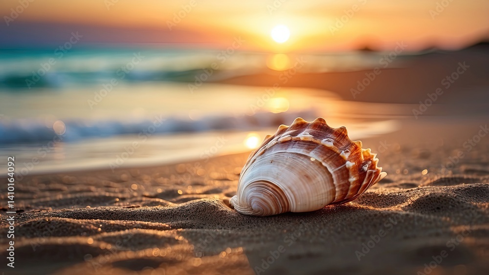 Close-up of a patterned seashell on sandy beach during sunset with bokeh light effects. Close-up of a patterned seashell on sandy beach during sunset with bokeh light effects.