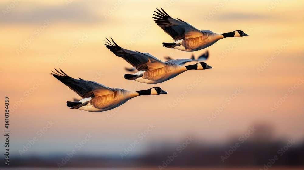Fototapeta premium Three Canada geese flying gracefully across a serene sunset, showcasing their distinctive silhouettes against the colorful sky.
