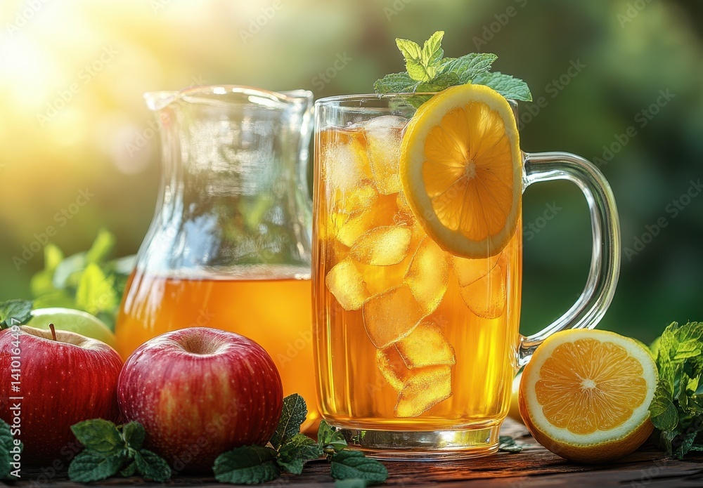 Refreshing Citrus and Apple Drink with Mint Garnish in Sunlight, Perfect Summer Beverage for Picnics and Outdoor Gatherings Refreshing Citrus and Apple Drink with Mint Garnish in Sunlight, Perfect Summer Beverage for Picnics and Outdoor Gatherings