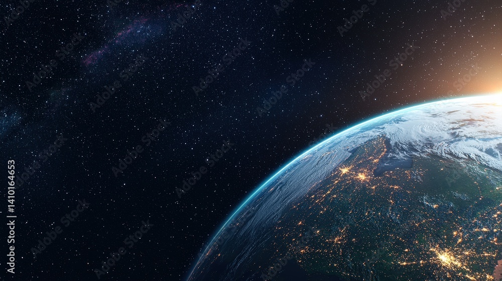 Obraz premium A stunning view of Earth from space, illuminated by sunlight, surrounded by a starry backdrop, showcasing the planet's curvature and city lights.