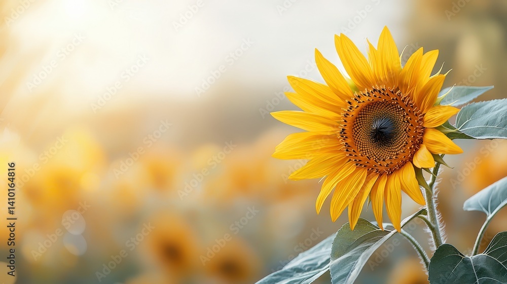 Fototapeta premium A vibrant sunflower stands tall, showcasing its bright yellow petals against a soft blurred background, embodying the essence of summer and nature's beauty.