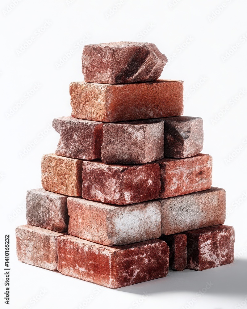 Stacked Red Bricks in a Pyramid Arrangement on White Background Stacked Red Bricks in a Pyramid Arrangement on White Background