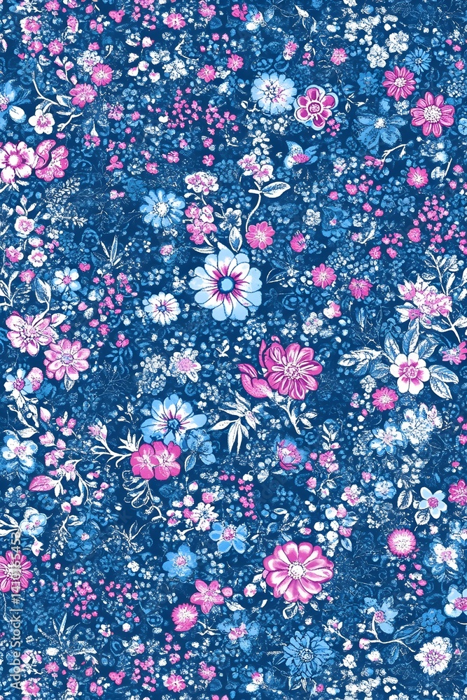 Obraz premium Blue Pink Floral Textile Seamless Pattern