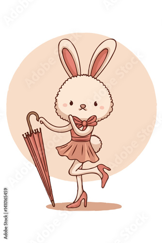 Cute fashionista bunny girl in dress and heels holding umbrella against a patterned background