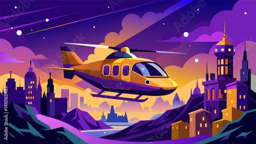 Against a dazzling sunset in the winter sky a purple and gold air taxi hovers over the city carrying passengers to their destinations with ease and convenience amidst the wintery. Vector illustration