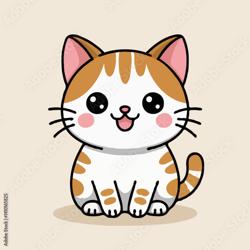 Joyful Kawaii orange and white tabby cat sitting against a pale beige background