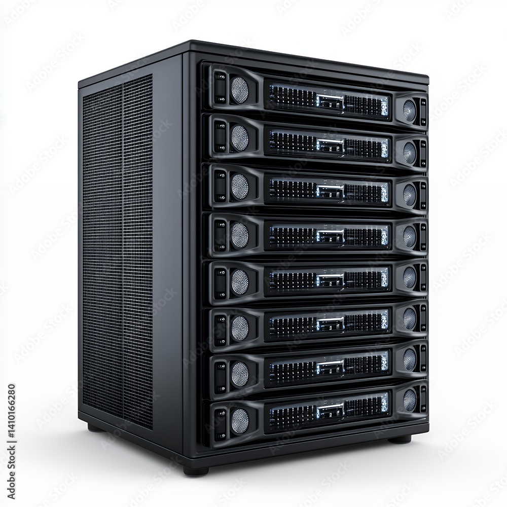 Fototapeta premium Black Metallic Server Rack with Multiple Drive Bays on White Background