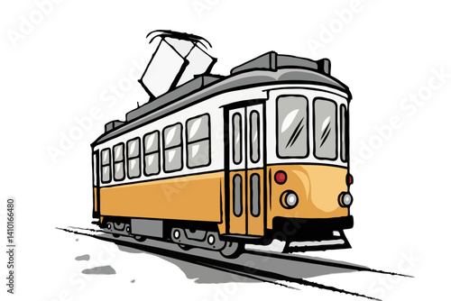 Yellow and White Tram in a cartoon minimalistic style With a raised tilt angle On a transparent background, Public transport