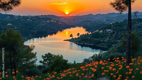 Serene Sunset over Lake and Mountains