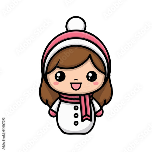 Kawaii girl dressed as snowman happy with brown hair and pink accessories against