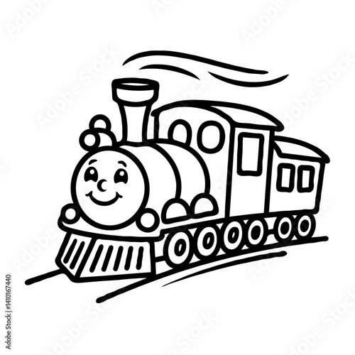 Smiling cartoon train in simple line drawing style black and white for coloring or children's books