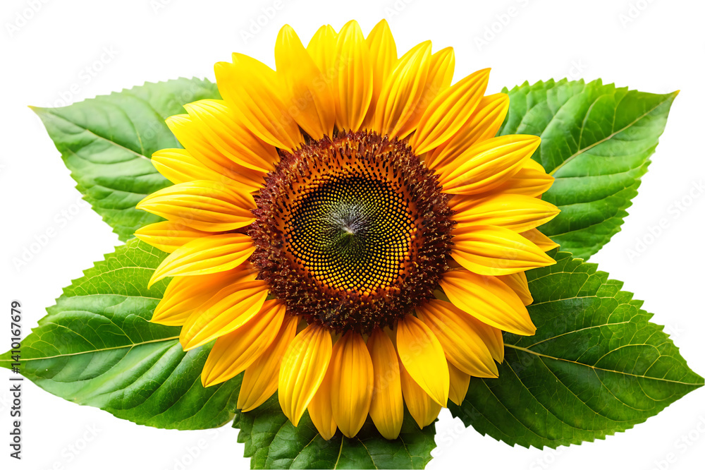 Obraz premium Vibrant Sunflower with Green Leaves isolated on white background .
