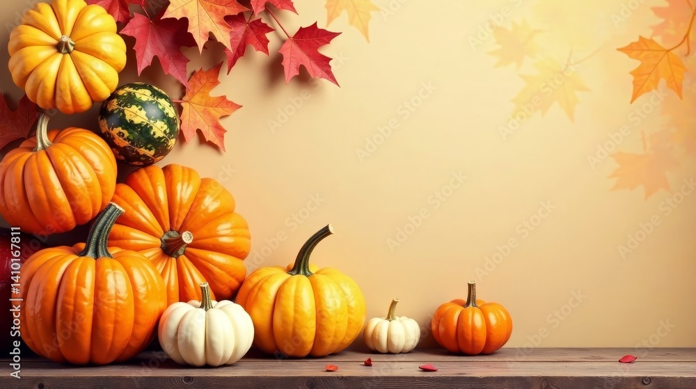 Autumnal Harvest Abundance A Collection of Pumpkins and Gourds with Vibrant Fall Foliage Arranged on Rustic Wood Autumnal Harvest Abundance A Collection of Pumpkins and Gourds with Vibrant Fall Foliage Arranged on Rustic Wood