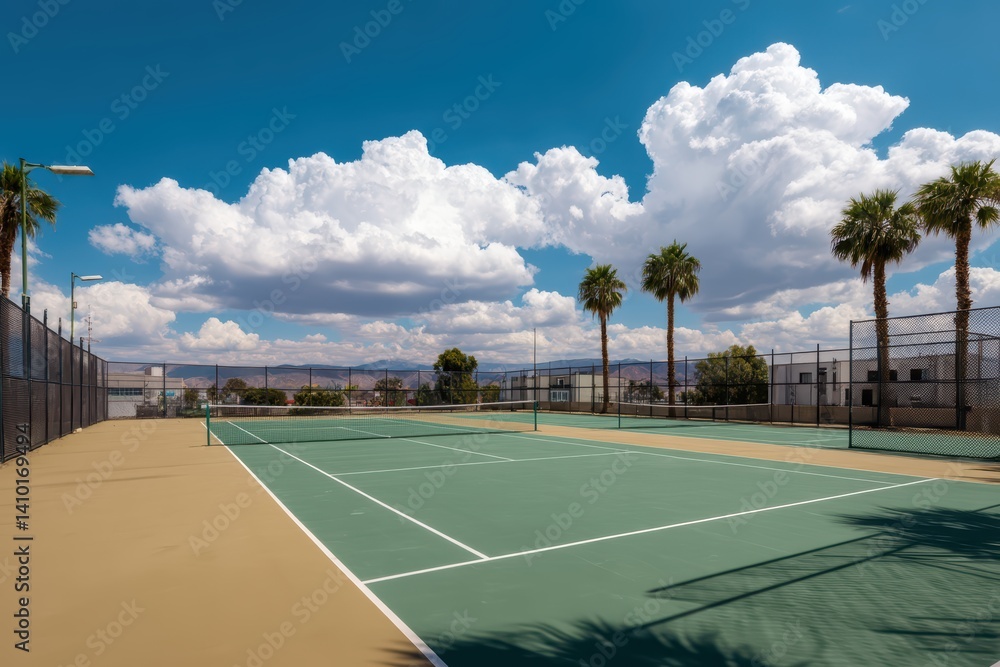 Obraz premium Tennis Court under Blue Sky with White Clouds and Palm Trees.