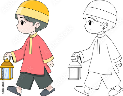 Muslim Boy Holding Lantern Ramadan Coloring Page and Full Color Version