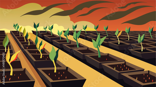 In the fields rows of empty seedling trays stood ast the old withered plants a stark contrast between the past failures and the future uncertainties.. Vector illustration