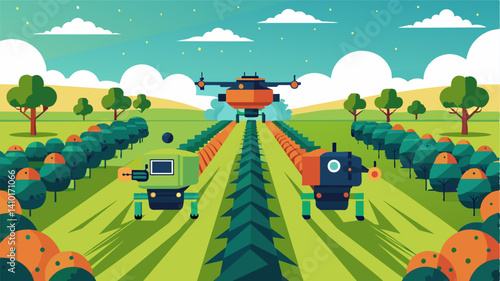 Autonomous sprayers can operate day and night maximizing productivity and covering large orchard areas in a shorter period of time.. Vector illustration
