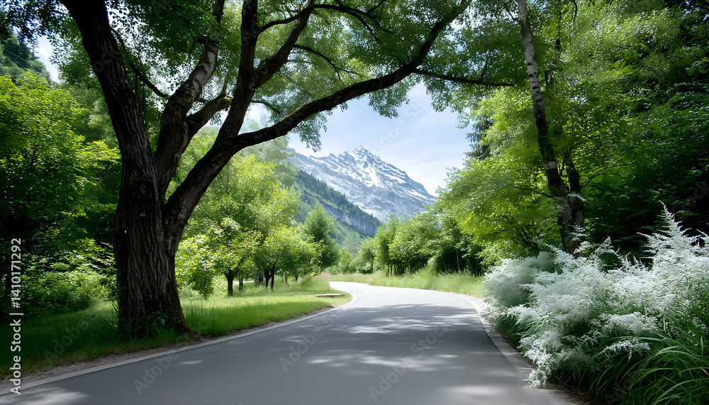 Obraz premium Winding road through lush green valley, majestic mountains in background