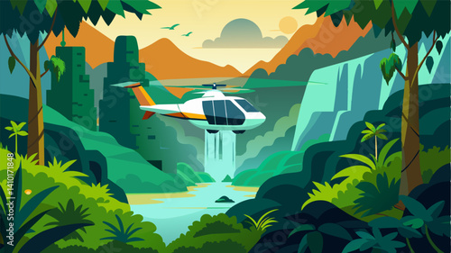 A tingedge air taxi hovering above a lush rainforest revealing hidden waterfalls and exotic wildlife.. Vector illustration