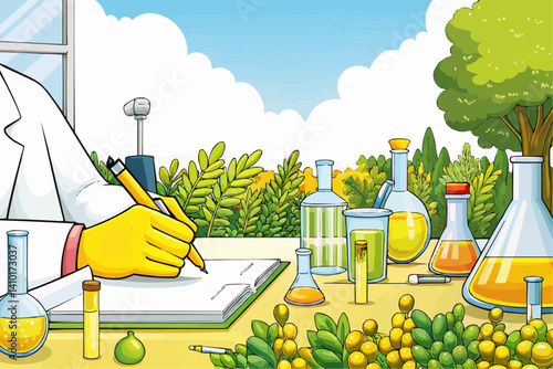 An illustration of a scientist writing in a lab book surrounded by equipment and greenery, demonstrating the scientific study of nature. 