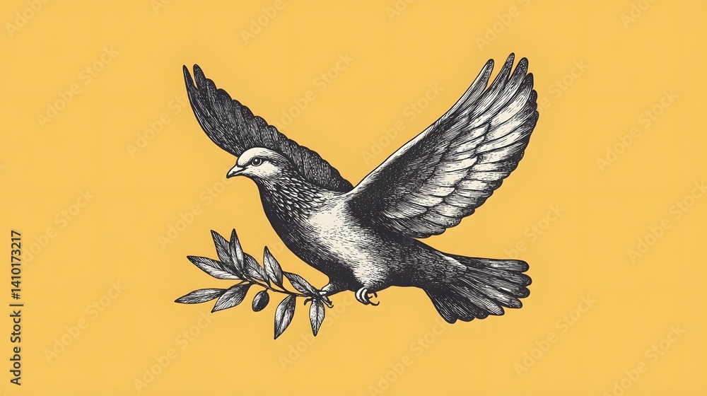 Fototapeta premium Minimalist Hand-Drawn Sketch of Dove with Olive Branch Symbolizing Peace and Unity