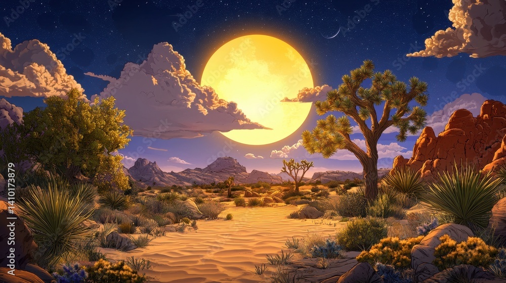 Naklejka premium A dreamy desert landscape bathed in golden light as the sun sets over Joshua Tree.