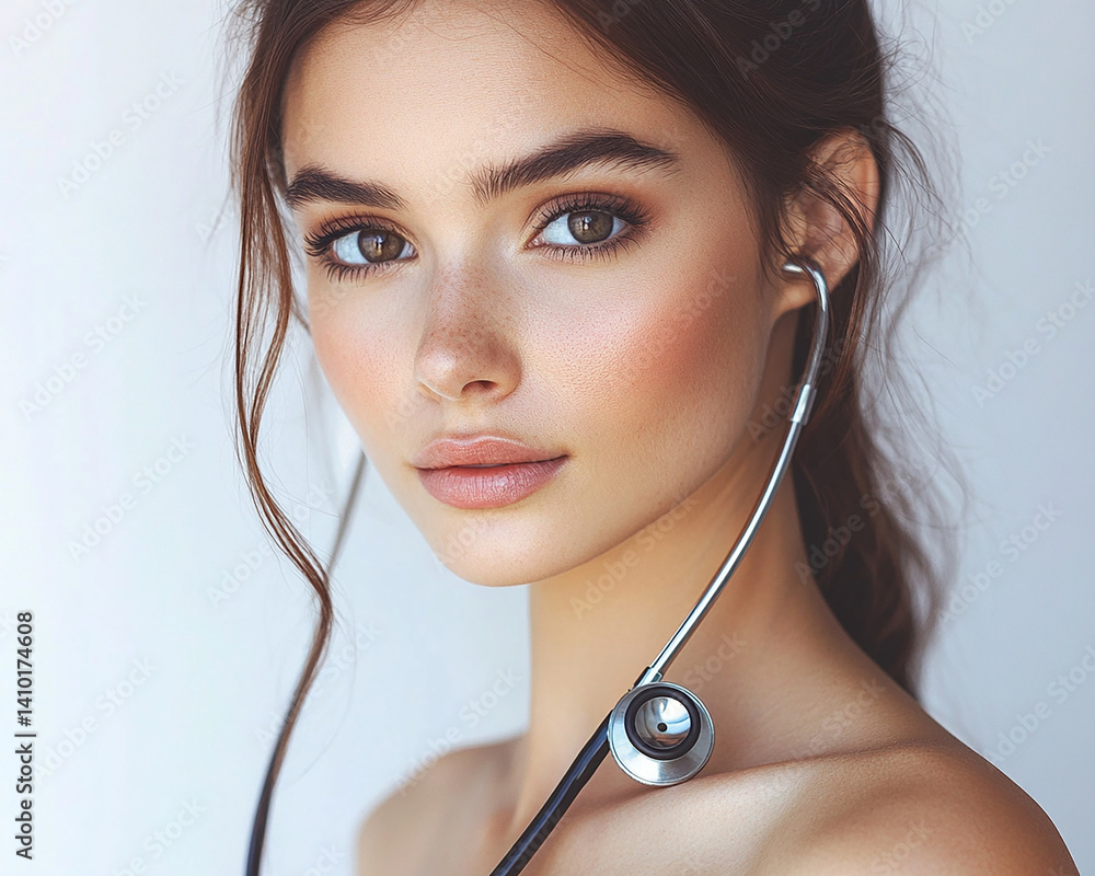 Beautiful woman close-up, doctor nurse care portrait close-up