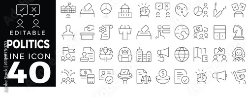 Politics and Governance Icon Set in Thin Line Style – Includes Democracy, Election, Leadership, Rights, and Civic Duty Elements. Editable Stroke.