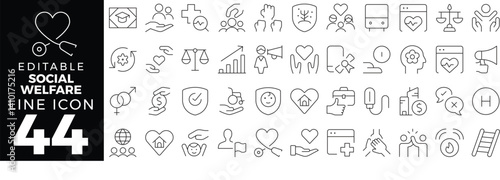 Social Welfare Icon Set in Thin Line Style – Includes Community Support, Kindness, Aid, and Empowerment Elements. Editable Stroke.