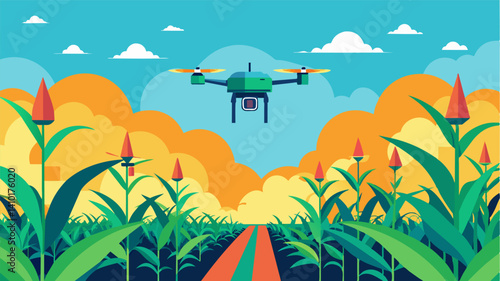 Drones equipped with AI technology flying over a large cornfield collecting data on plant health and predicting potential crop diseases.. Vector illustration
