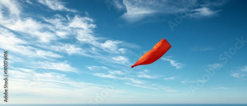 Obraz na płótnie Orange kite on the background of cloudy sky and sea. Great for advertising vacations, children's events, summer vacations. w salonie