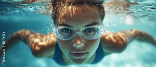 Obraz na płótnie Swimming underwater in pool with goggles, sporty girl working out. Perfect for articles about sports, fitness, healthy lifestyle. w salonie