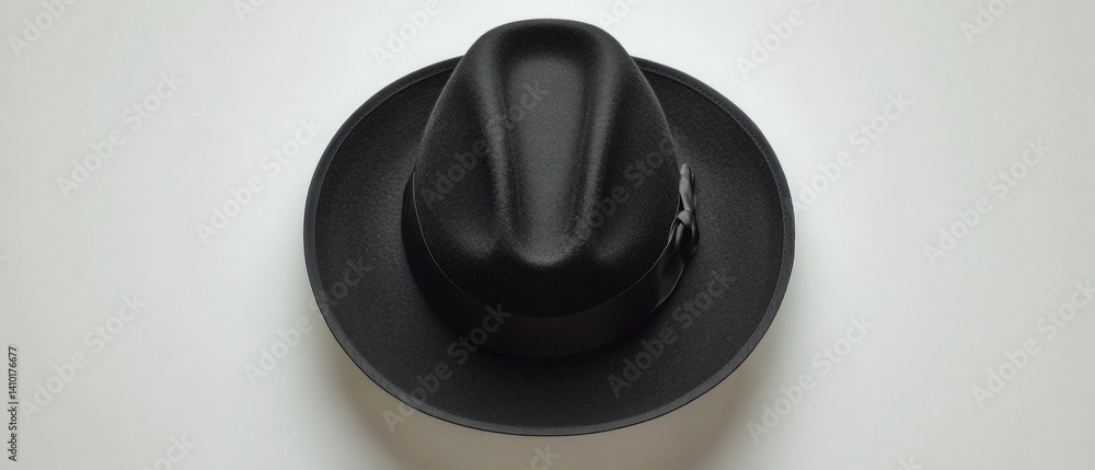 Black hat on white background, minimalist style..Fashion blogs, accessories ads, designer picks.
