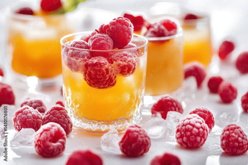 Refreshing summer drink with raspberries and ice on a sunny afternoon
