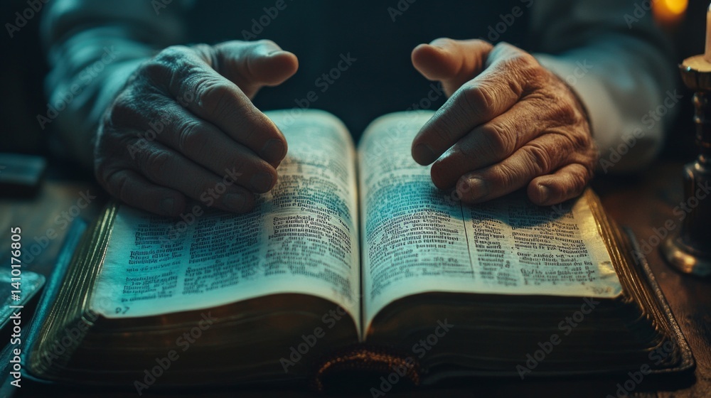 The hands of an elderly person hold an open book with small text, a candle burns nearby. Suitable for religious or philosophical themes, learning, literature.