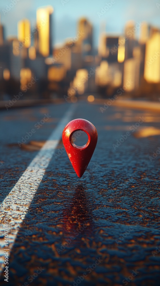 Red geolocation marker on road with cityscape in the background. Perfect for articles about travel, tourism, maps and navigation.