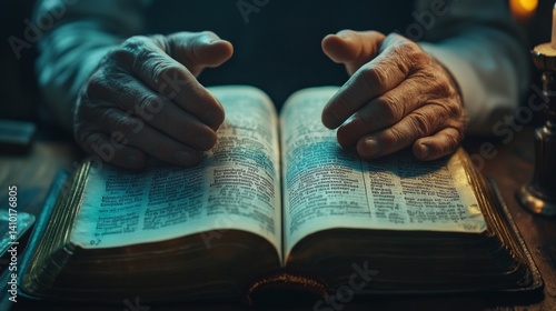 Obraz na płótnie The hands of an elderly person hold an open book with small text, a candle burns nearby. Suitable for religious or philosophical themes, learning, literature. w salonie