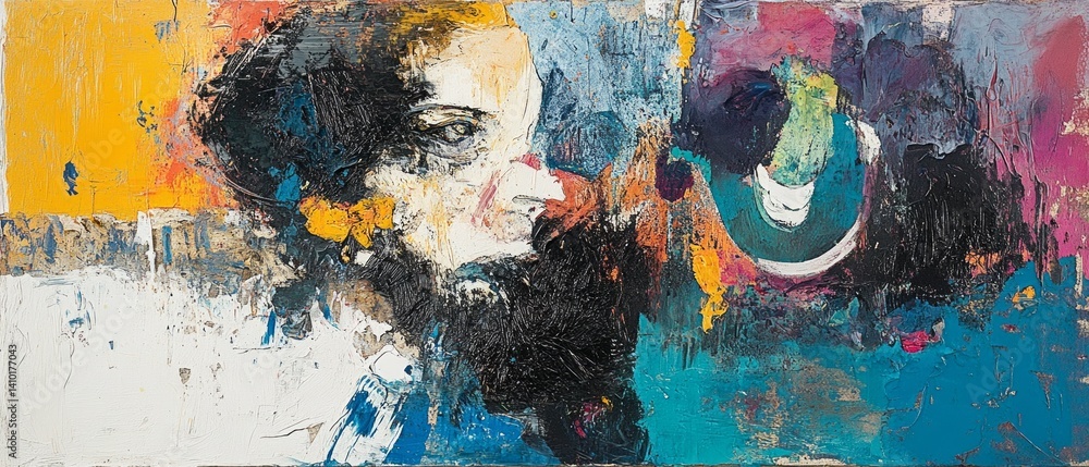 Abstract painting with bright colors and man's face, background for creative projects, interior design.