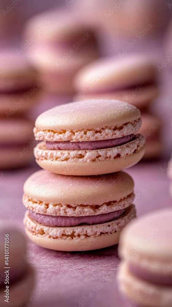 Two pink macaroons with purple filling on background of blurred macaroons. Perfect for cooking blogs, recipes, social media.