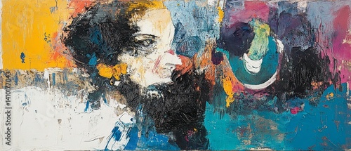Obraz na płótnie Abstract painting with bright colors and man's face, background for creative projects, interior design. w salonie