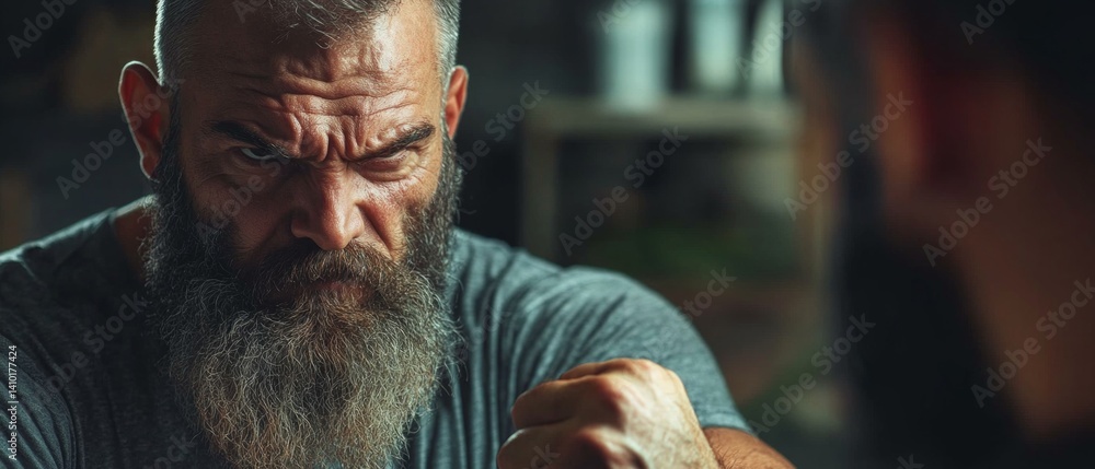 Man with beard in gray shirt with serious expression...Portraits, illustrations for articles about personal growth, covers of books about psychology.