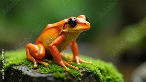 Vibrant Orange Amphibian Perched on Lush Green Moss, Exhibiting Striking Eye Detail and Smooth Skin Texture