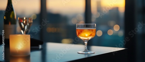 Bachelor party in city penthouse with luxury drinks and dim lights