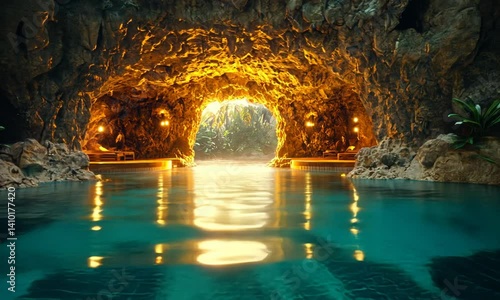 Lush jungle cave opening into a pool of water.