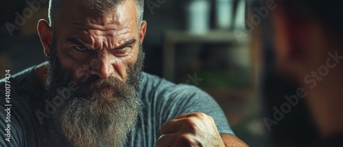Obraz na płótnie Man with beard in gray shirt with serious expression...Portraits, illustrations for articles about personal growth, covers of books about psychology. w salonie