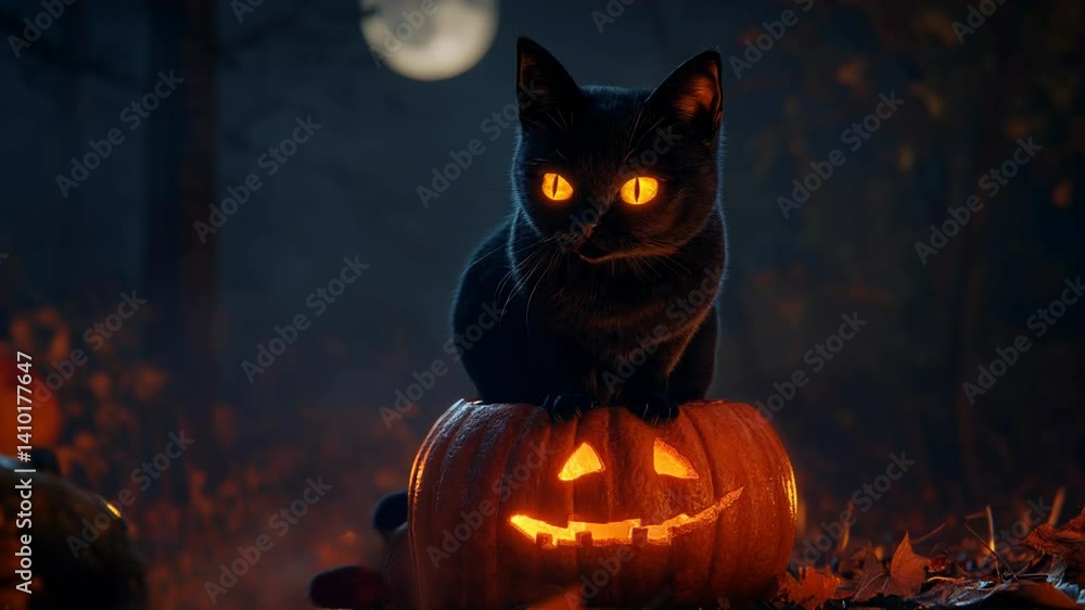 Mystical Halloween Cat: A sleek black cat with glowing eyes sits atop a carved pumpkin, illuminated by an eerie moonlight, setting a spooky mood for the festive Halloween season. Mystical Halloween Cat: A sleek black cat with glowing eyes sits atop a carved pumpkin, illuminated by an eerie moonlight, setting a spooky mood for the festive Halloween season.